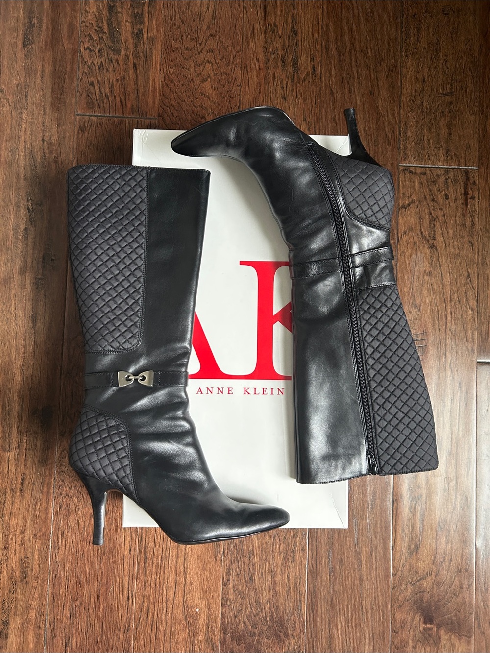 Anne Klein Black Quilted Leather Knee-High Heeled Boots